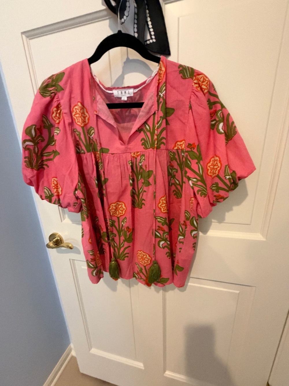 THML Pink Floral Puff Sleeve Tassel Top | L